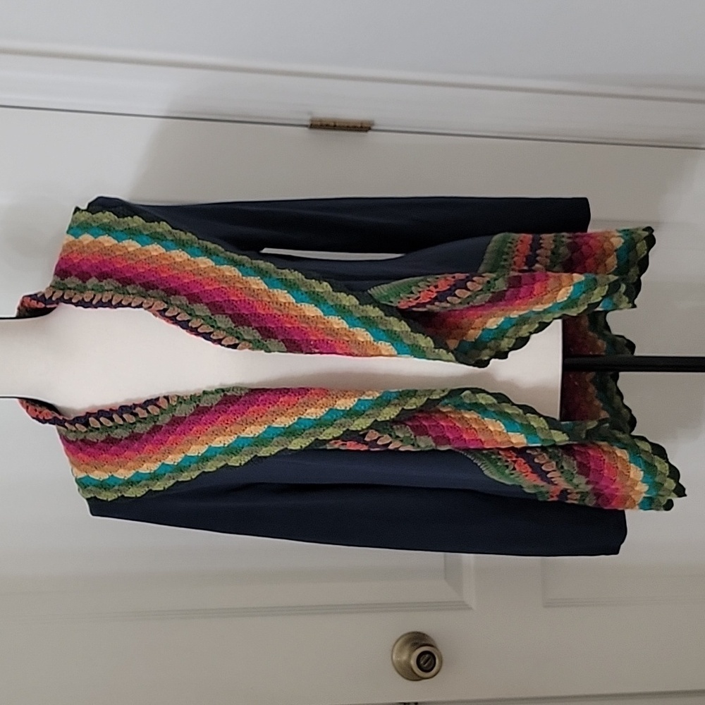 Double Zero Size S Blue with Multi Color Crochet Trim Open Cardigan, Gently Used